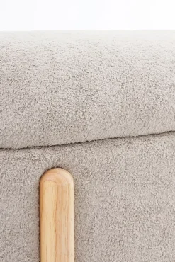 Banquette coffre tapissée en boucle grise avec structure et pieds en pin