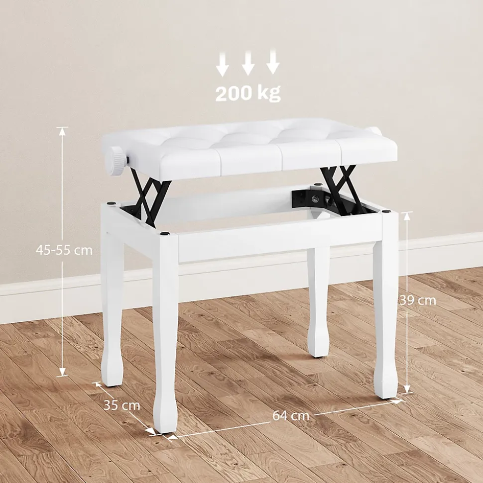 Banquette piano tabouret siege hauteur reglable blanc bois revêtement synthétique