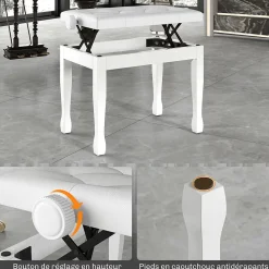 Banquette piano tabouret siege hauteur reglable blanc bois revêtement synthétique