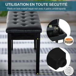 Banquette tabouret siège pour piano avec coffre de rangement pied bois caoutchouc assise capitonnée revêtement synthétique noir