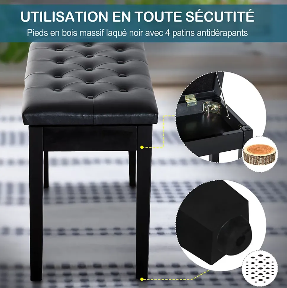 Banquette tabouret siège pour piano avec coffre de rangement pied bois caoutchouc assise capitonnée revêtement synthétique noir