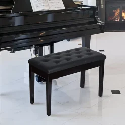 Banquette tabouret siège pour piano avec coffre de rangement pied bois caoutchouc assise capitonnée revêtement synthétique noir