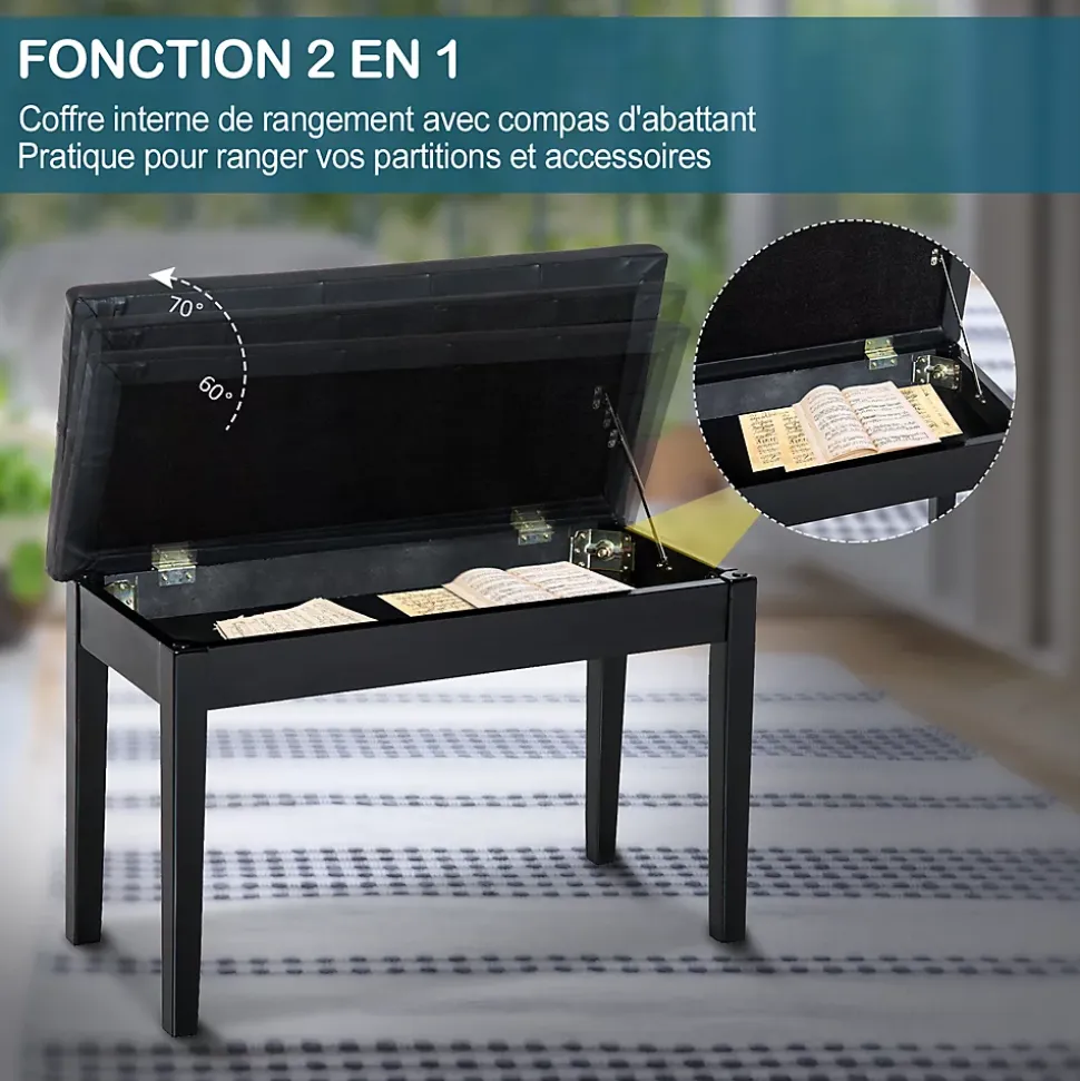Banquette tabouret siège pour piano avec coffre de rangement pied bois caoutchouc assise capitonnée revêtement synthétique noir