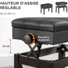 Banquette tabouret siège pour piano coffre intégré hauteur réglable bois hévéa assise revêtement synthétique noir