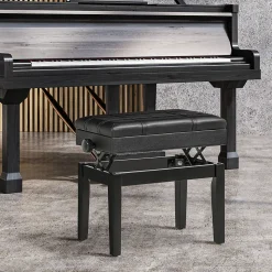 Banquette tabouret siège pour piano coffre intégré hauteur réglable bois hévéa assise revêtement synthétique noir