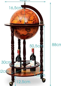 Bar Globe Terrestre avec 3 Roues Porte Bouteilles en Bois Mini Bar Roulant 4 Compartiments Bon Cadeau