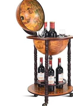 Bar Globe Terrestre avec 3 Roues Porte Bouteilles en Bois Mini Bar Roulant 4 Compartiments Bon Cadeau Cafe