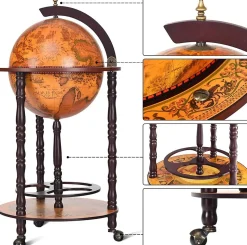 Bar Globe Terrestre avec 3 Roues Porte Bouteilles en Bois Mini Bar Roulant 4 Compartiments Bon Cadeau Cafe