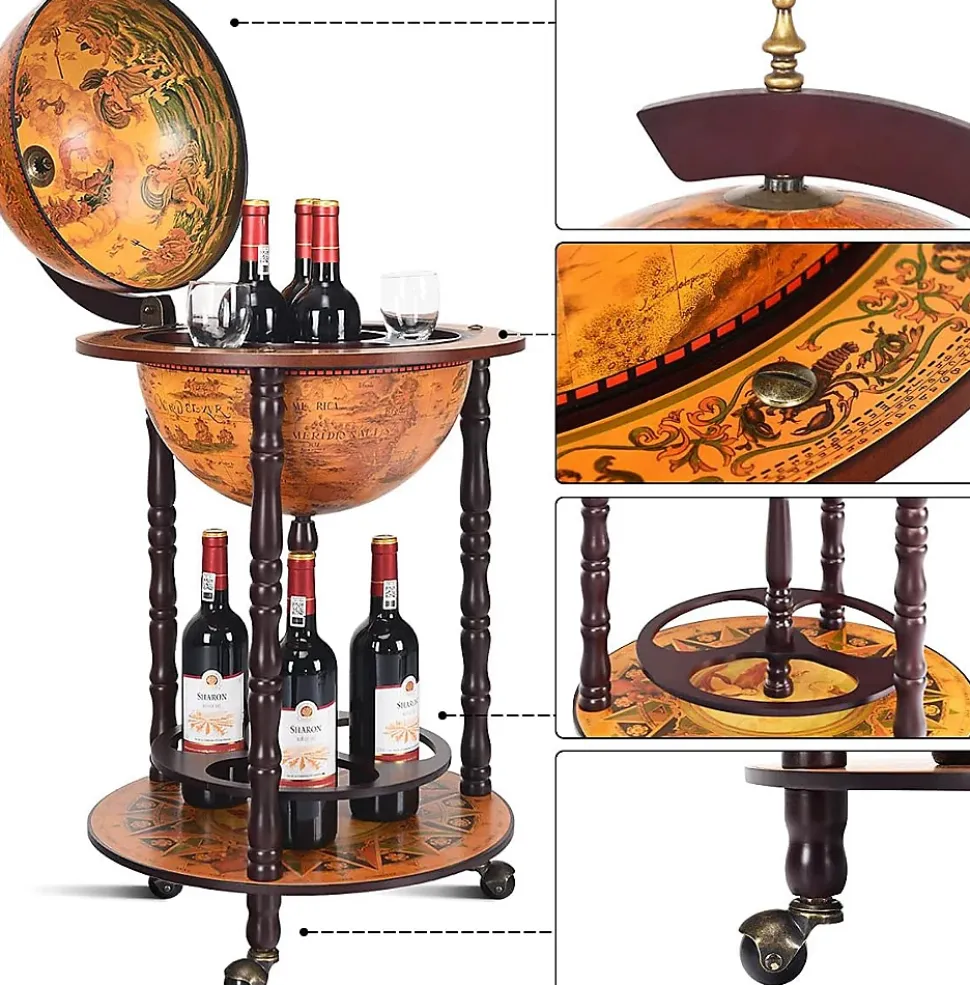 Bar Globe Terrestre avec 3 Roues Porte Bouteilles en Bois Mini Bar Roulant 4 Compartiments Bon Cadeau Cafe