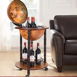 Bar Globe Terrestre avec 3 Roues Porte Bouteilles en Bois Mini Bar Roulant 4 Compartiments Bon Cadeau Cafe