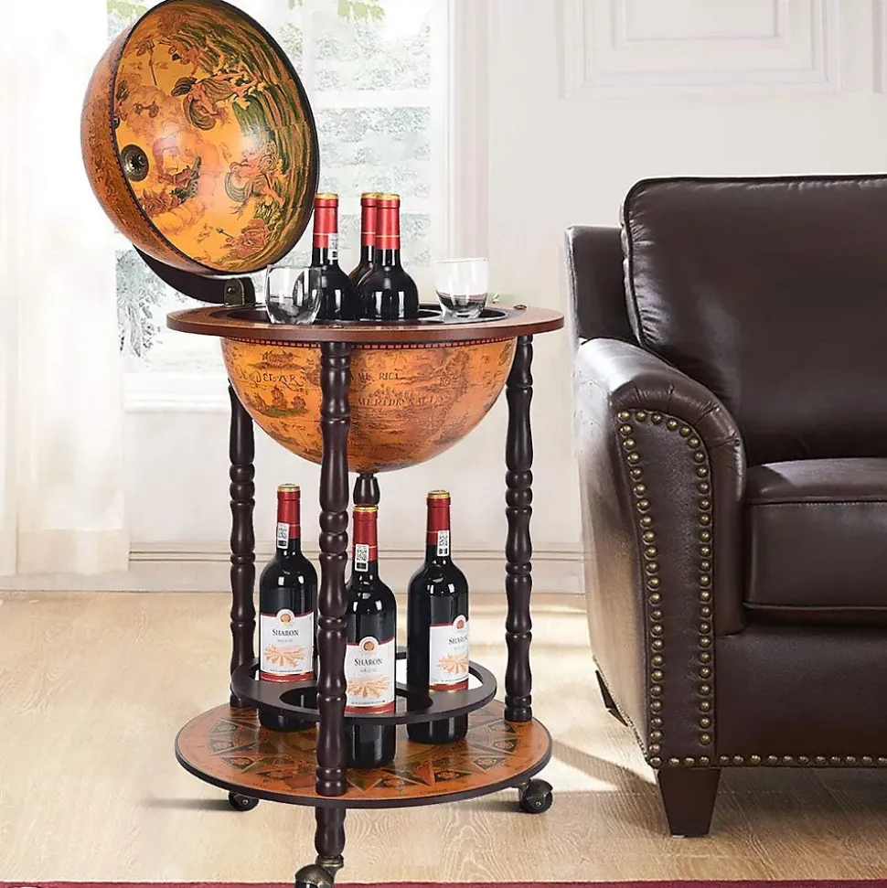 Bar Globe Terrestre avec 3 Roues Porte Bouteilles en Bois Mini Bar Roulant 4 Compartiments Bon Cadeau Cafe