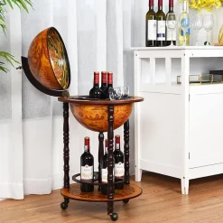 Bar Globe Terrestre avec 3 Roues Porte Bouteilles en Bois Mini Bar Roulant 4 Compartiments Bon Cadeau Cafe