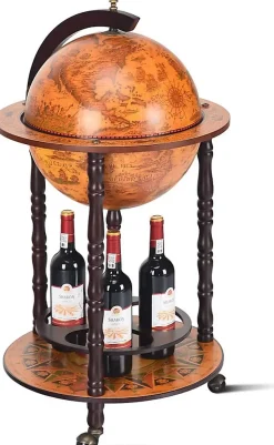 Bar Globe Terrestre avec 3 Roues Porte Bouteilles en Bois Mini Bar Roulant 4 Compartiments Bon Cadeau Cafe