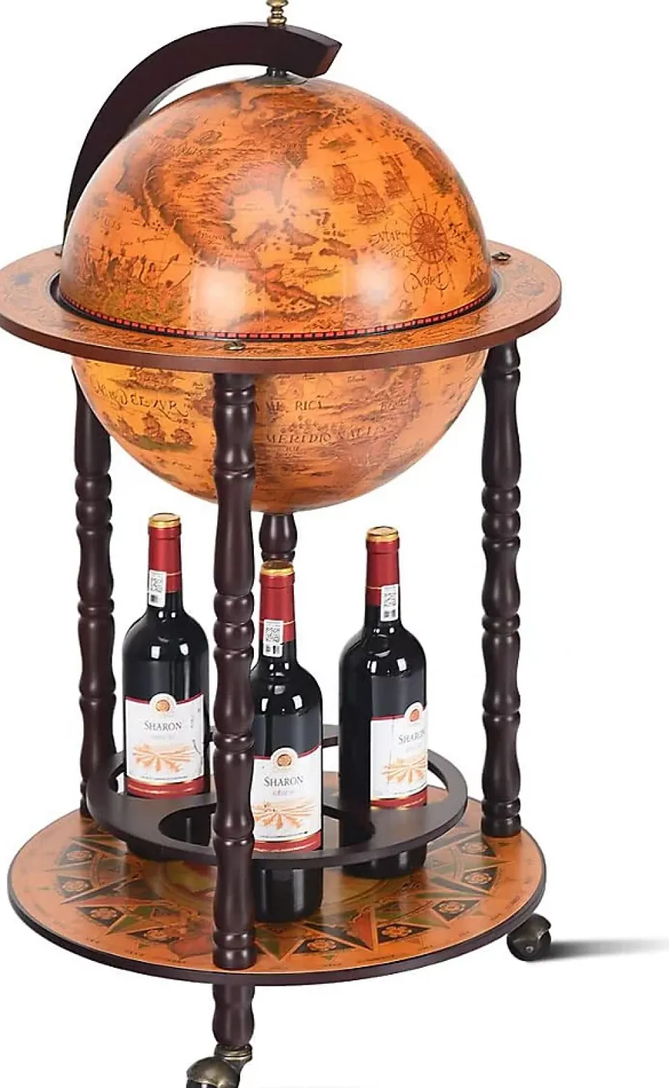 Bar Globe Terrestre avec 3 Roues Porte Bouteilles en Bois Mini Bar Roulant 4 Compartiments Bon Cadeau Cafe