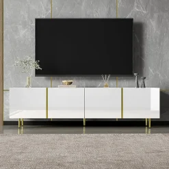 Best Mobilier ,Meuble TV Celeste Rectangulaire en Bois Blanc Laqué avec Rangements 4 Portes, Salon