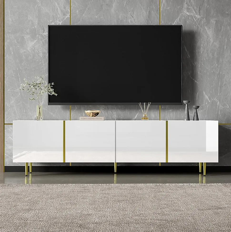 Best Mobilier ,Meuble TV Celeste Rectangulaire en Bois Blanc Laqué avec Rangements 4 Portes, Salon