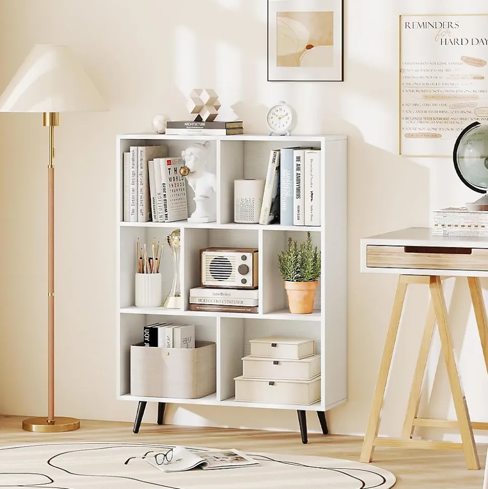 Bibliotheque à 3 Niveaux, avec 7 Compartiments, 4 Pieds Métalliques Inclinés, Dispositif Anti-basculement, 80x24x107CM