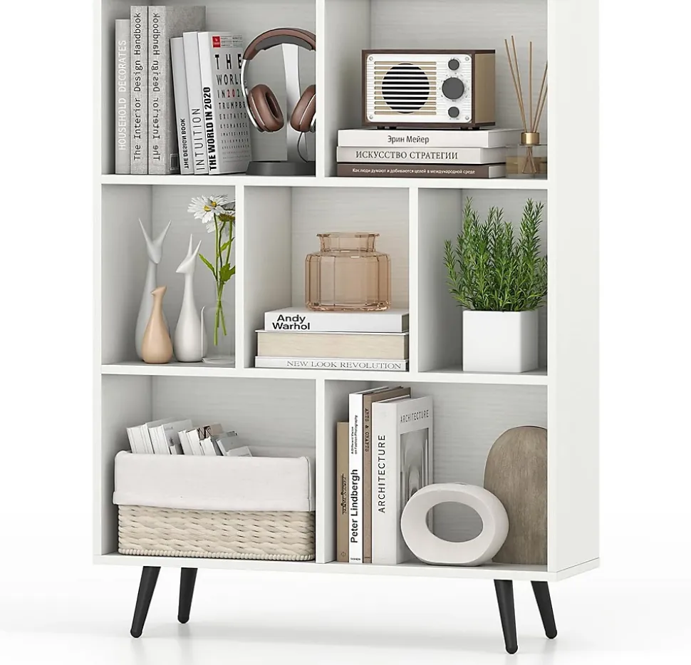 Bibliotheque à 3 Niveaux, avec 7 Compartiments, 4 Pieds Métalliques Inclinés, Dispositif Anti-basculement, 80x24x107CM