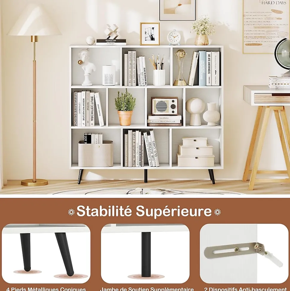 Bibliotheque à 3 Niveaux,avec 10 Compartiments,4 Pieds Métalliques Inclinés,Dispositif Anti-basculement,120x24x107CM