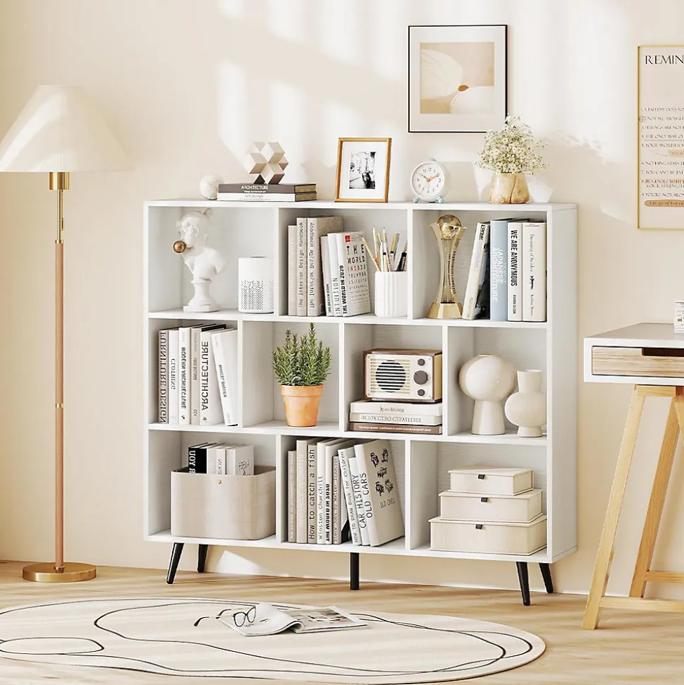 Bibliotheque à 3 Niveaux,avec 10 Compartiments,4 Pieds Métalliques Inclinés,Dispositif Anti-basculement,120x24x107CM