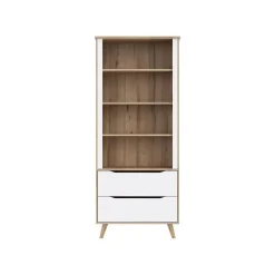 Bibliotheque - VANKKA - 4 étageres - 2 tiroirs - Chene / Blanc - 87,7 x 41,7 x 201,5 cm