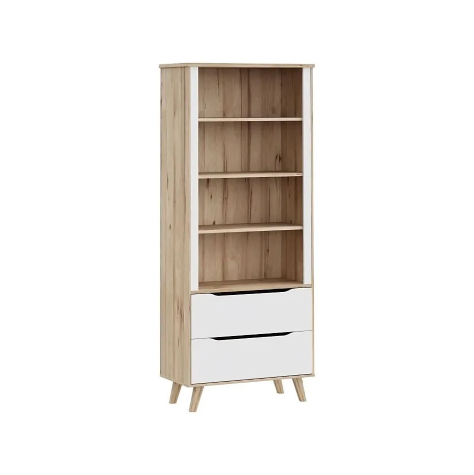 Bibliotheque - VANKKA - 4 étageres - 2 tiroirs - Chene / Blanc - 87,7 x 41,7 x 201,5 cm