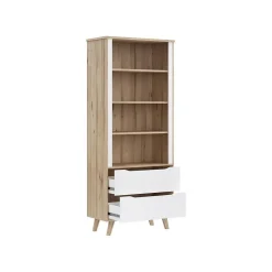 Bibliotheque - VANKKA - 4 étageres - 2 tiroirs - Chene / Blanc - 87,7 x 41,7 x 201,5 cm