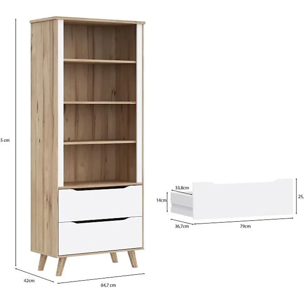 Bibliotheque - VANKKA - 4 étageres - 2 tiroirs - Chene / Blanc - 87,7 x 41,7 x 201,5 cm