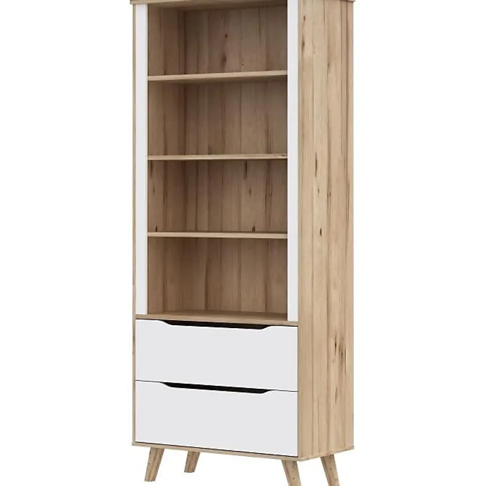 Bibliotheque - VANKKA - 4 étageres - 2 tiroirs - Chene / Blanc - 87,7 x 41,7 x 201,5 cm