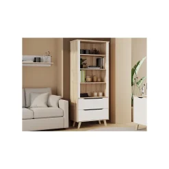 Bibliotheque - VANKKA - 4 étageres - 2 tiroirs - Chene / Blanc - 87,7 x 41,7 x 201,5 cm