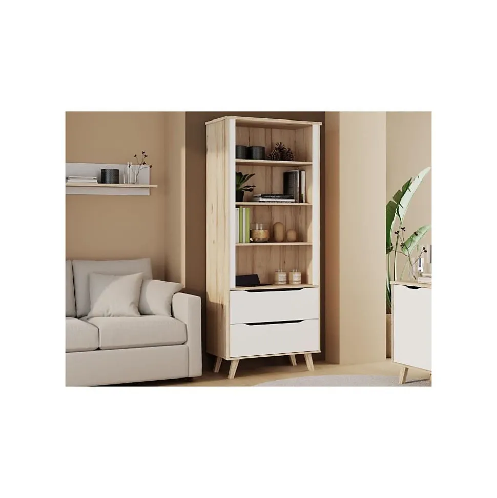 Bibliotheque - VANKKA - 4 étageres - 2 tiroirs - Chene / Blanc - 87,7 x 41,7 x 201,5 cm