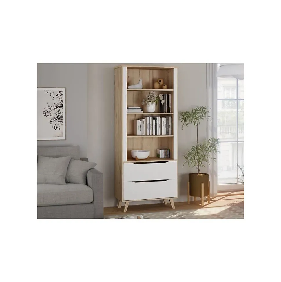 Bibliotheque - VANKKA - 4 étageres - 2 tiroirs - Chene / Blanc - 87,7 x 41,7 x 201,5 cm