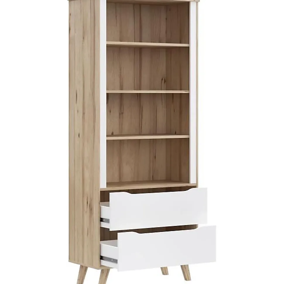 Bibliotheque - VANKKA - 4 étageres - 2 tiroirs - Chene / Blanc - 87,7 x 41,7 x 201,5 cm