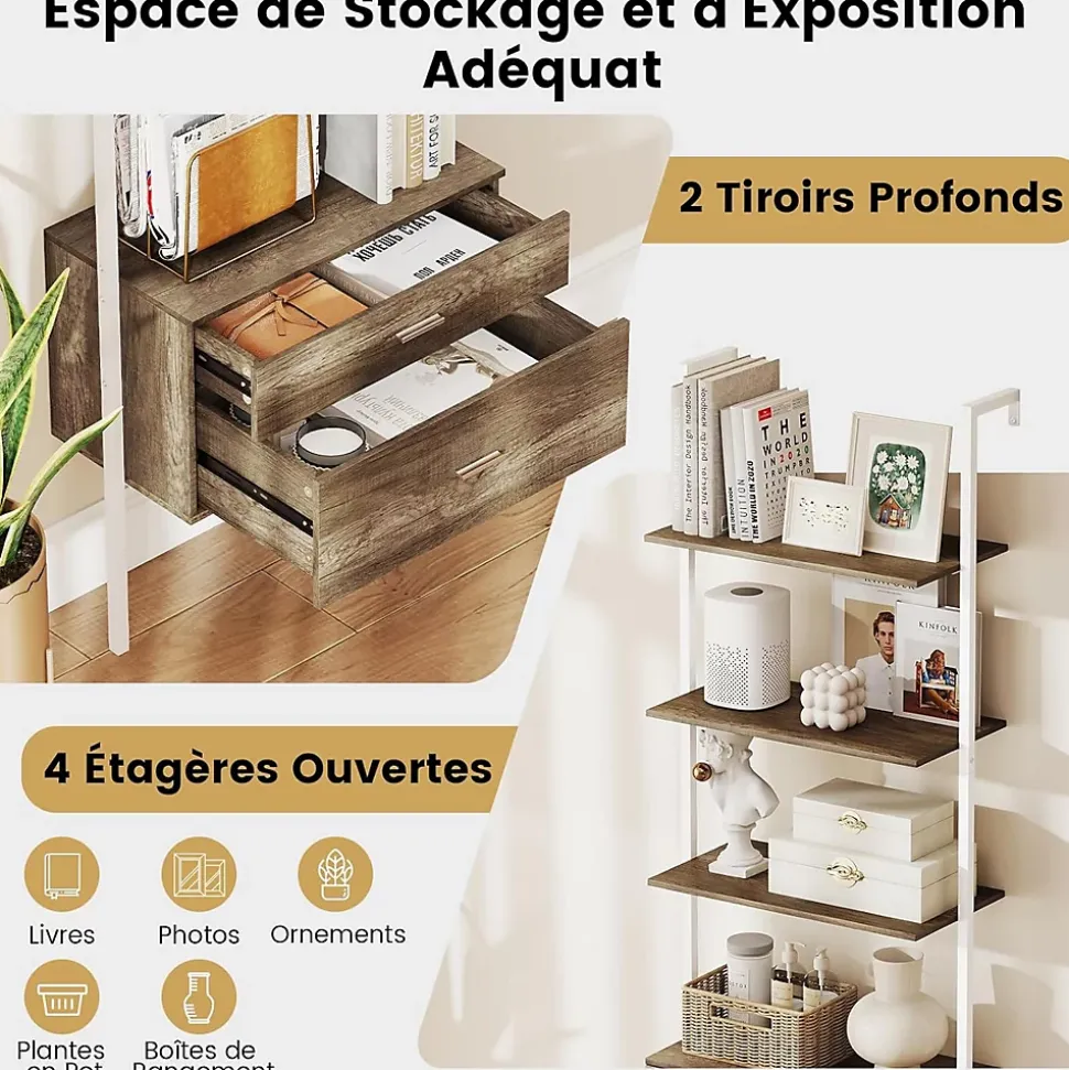 Bibliotheque avec 4 Niveaux d'Étagères Ouvertes en Bois, avec Cadre Métallique et 2 Tiroirs, Style Industrielle (Gris)