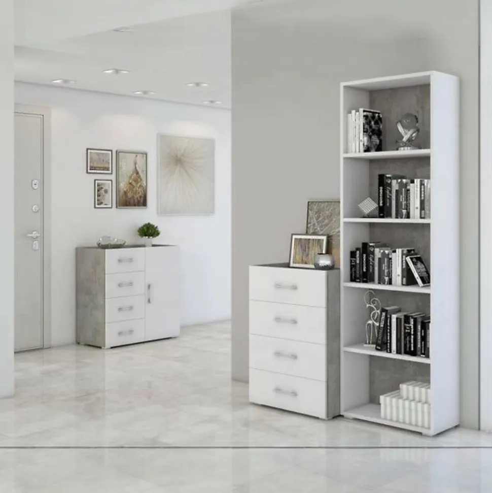 Bibliotheque Dedjoum, Bibliotheque avec 4 Etageres réglables, Etagere à livres, 60x30h195 cm, Blanc et Ciment