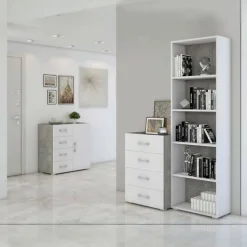 Bibliotheque Dedjoum, Bibliotheque avec 4 Etageres réglables, Etagere à livres, 60x30h195 cm, Blanc et Ciment