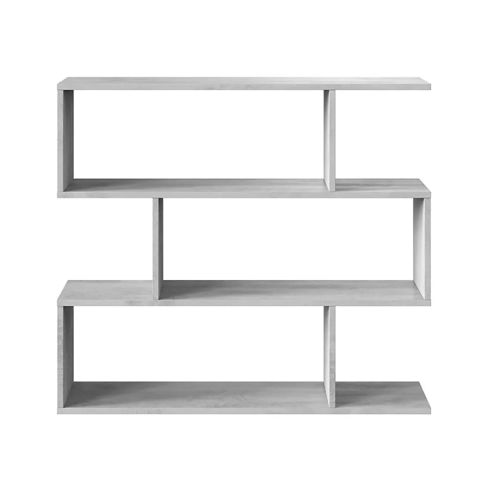 Bibliotheque Hampton, Bibliotheque basse double face, Etagere à trois compartiments, 110x24h97 cm, Gris béton