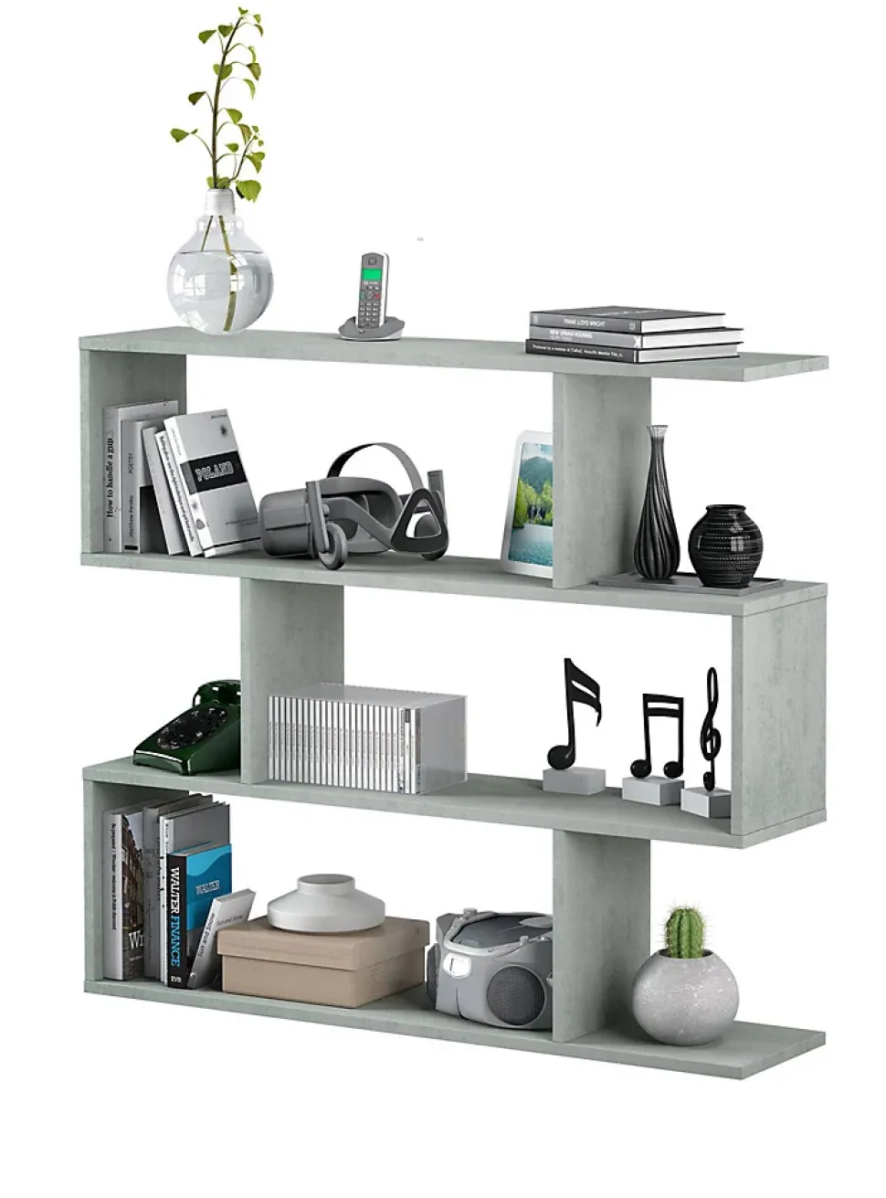 Bibliotheque Hampton, Bibliotheque basse double face, Etagere à trois compartiments, 110x24h97 cm, Gris béton