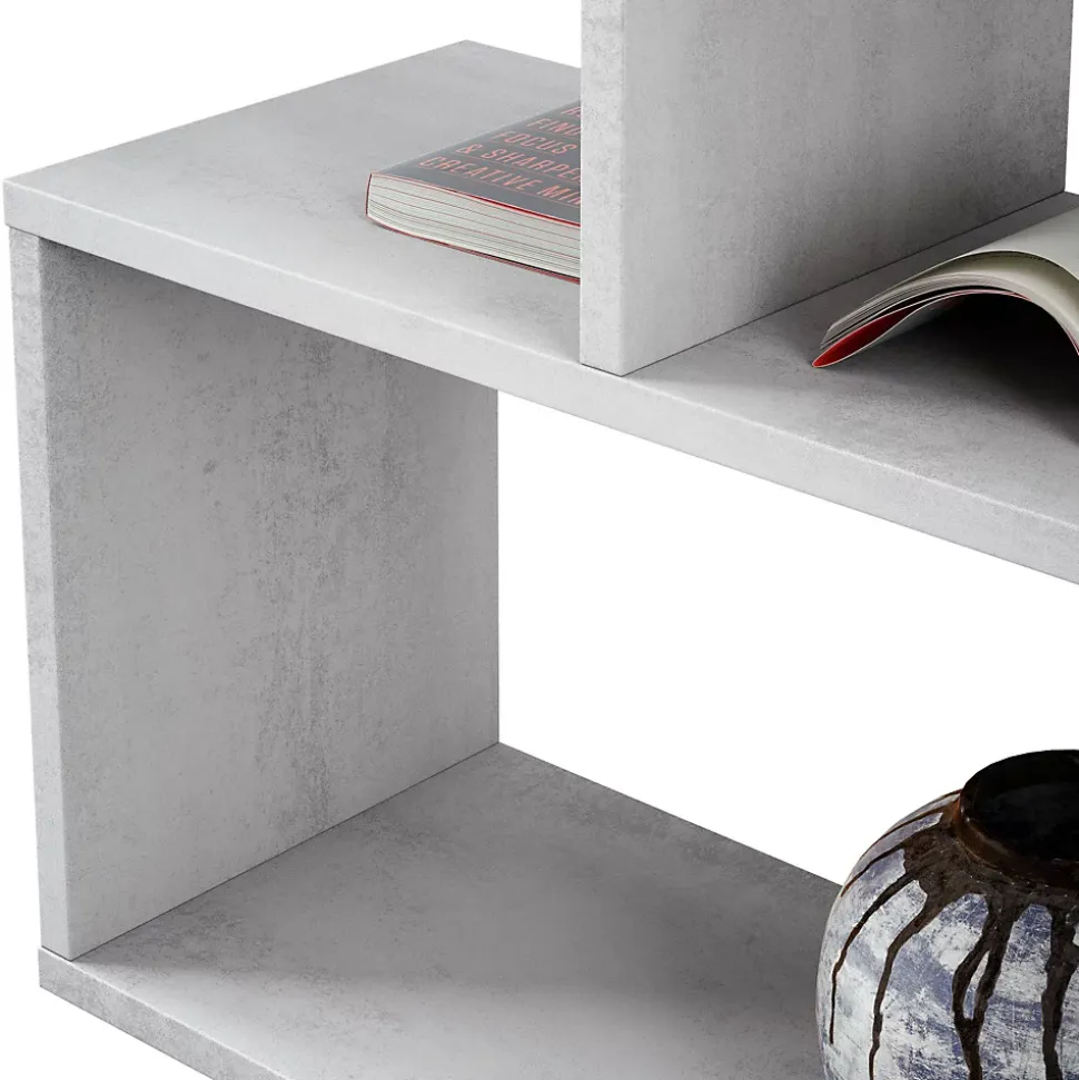 Bibliotheque Hampton, Bibliotheque basse double face, Etagere à trois compartiments, 110x24h97 cm, Gris béton