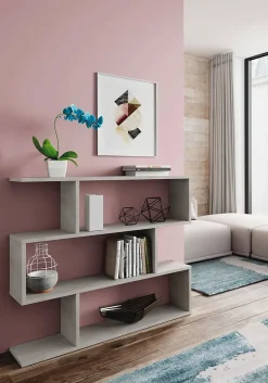 Bibliotheque Hampton, Bibliotheque basse double face, Etagere à trois compartiments, 110x24h97 cm, Gris béton
