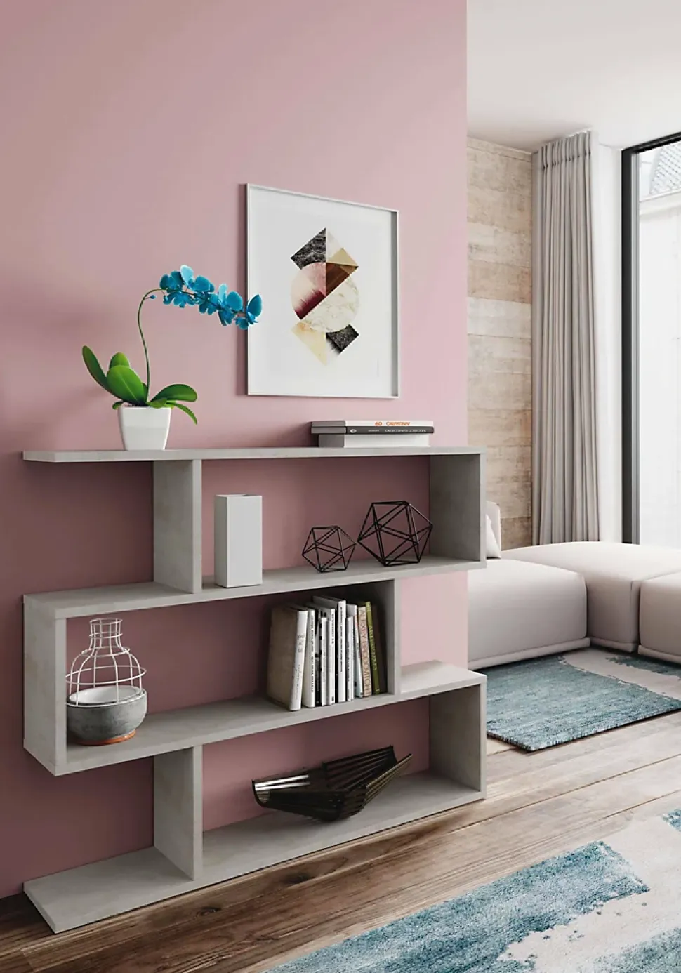 Bibliotheque Hampton, Bibliotheque basse double face, Etagere à trois compartiments, 110x24h97 cm, Gris béton