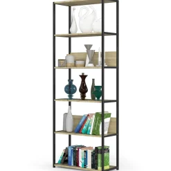 Bibliotheque murale industrielle sur pied Noire 70 cm façade Chêne Artisan 6 étagères 70x32x192 cm