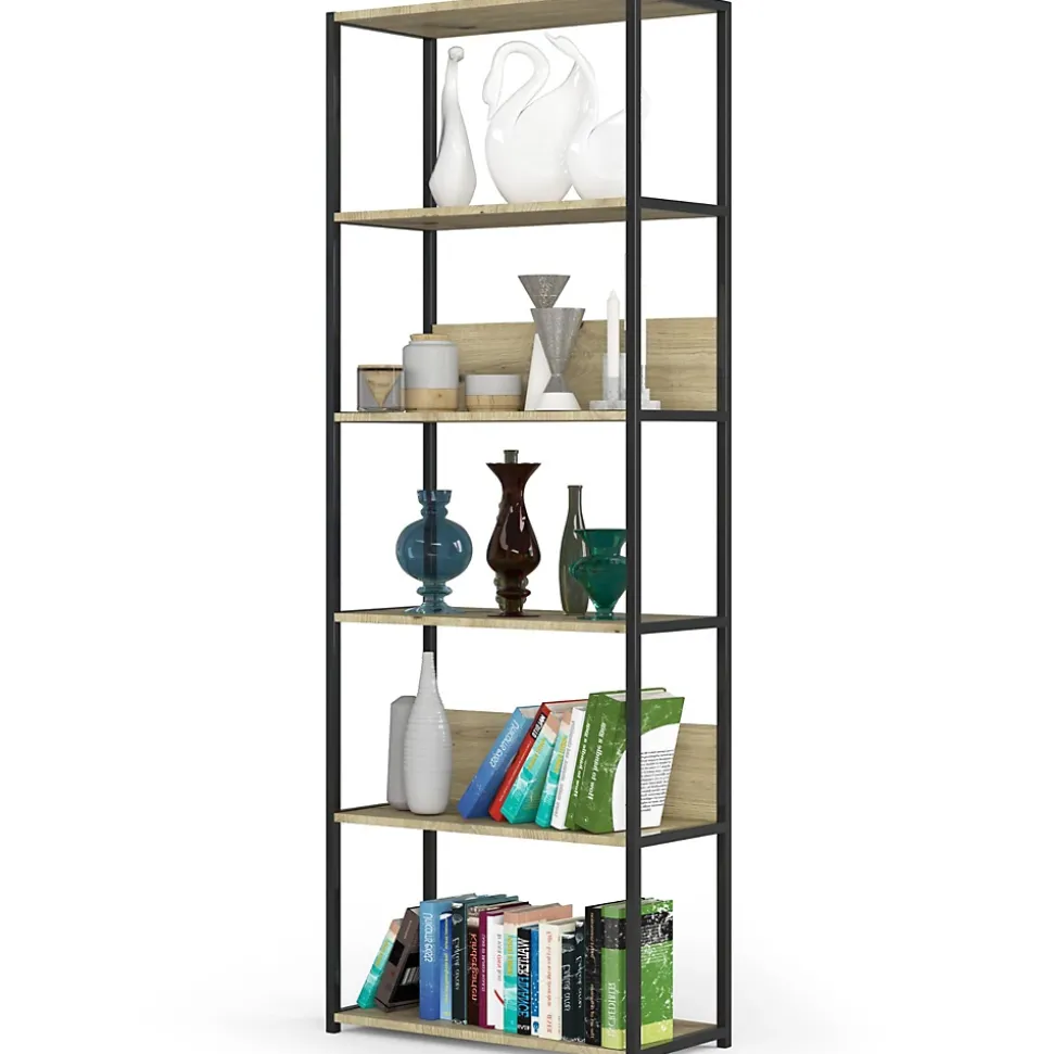 Bibliotheque murale industrielle sur pied Noire 70 cm façade Chêne Artisan 6 étagères 70x32x192 cm
