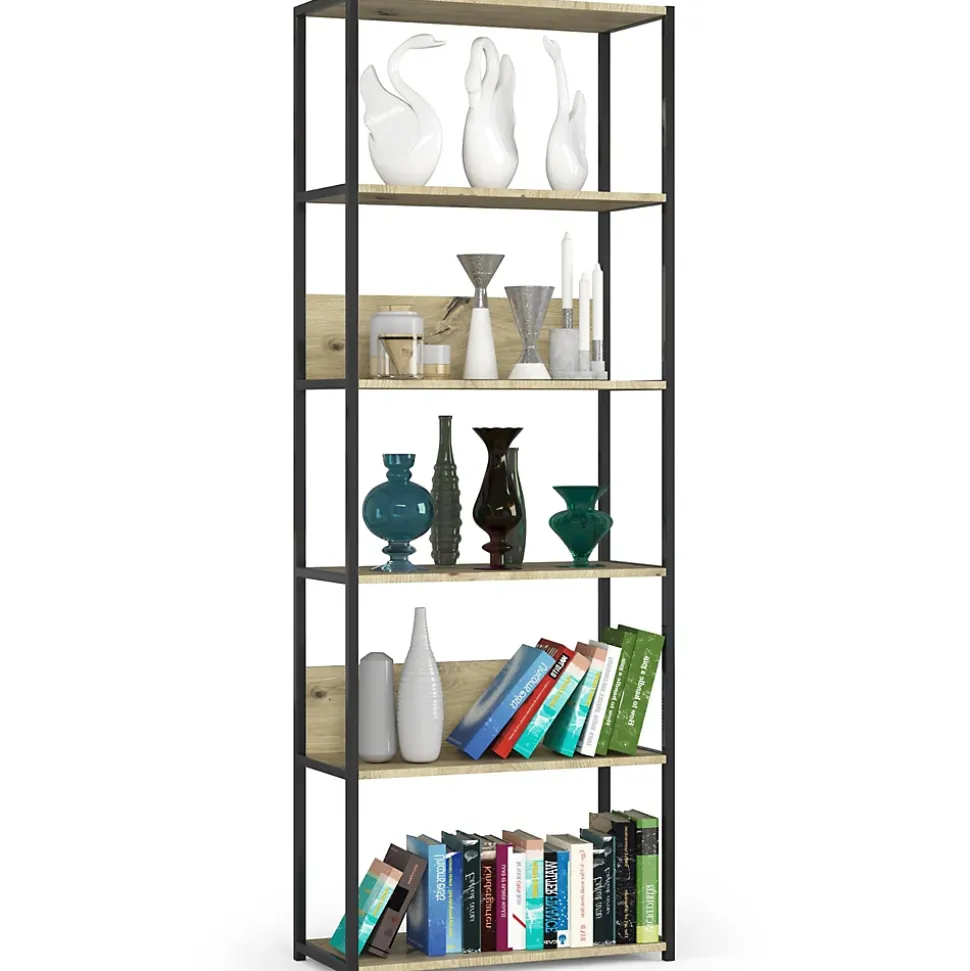 Bibliotheque murale industrielle sur pied Noire 70 cm façade Chêne Artisan 6 étagères 70x32x192 cm