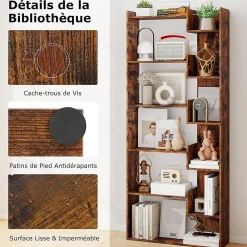 Bibliotheque pour Salon en Bois à 6 Niveaux, Bibliothèque Meuble de Rangement Haut avec Kit Anti-basculement