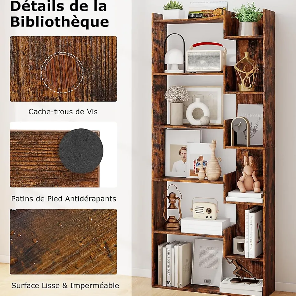 Bibliotheque pour Salon en Bois à 6 Niveaux, Bibliothèque Meuble de Rangement Haut avec Kit Anti-basculement
