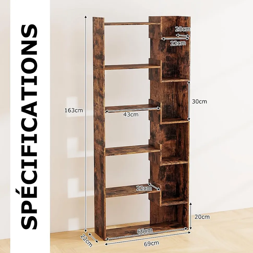 Bibliotheque pour Salon en Bois à 6 Niveaux, Bibliothèque Meuble de Rangement Haut avec Kit Anti-basculement