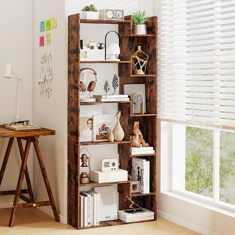 Bibliotheque pour Salon en Bois à 6 Niveaux, Bibliothèque Meuble de Rangement Haut avec Kit Anti-basculement