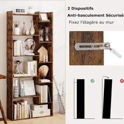 Bibliotheque pour Salon en Bois à 6 Niveaux, Bibliothèque Meuble de Rangement Haut avec Kit Anti-basculement