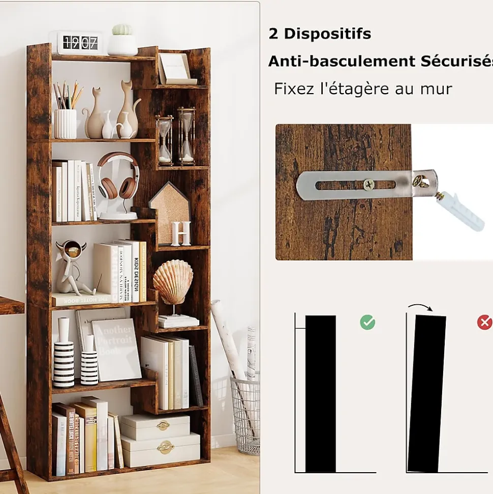 Bibliotheque pour Salon en Bois à 6 Niveaux, Bibliothèque Meuble de Rangement Haut avec Kit Anti-basculement